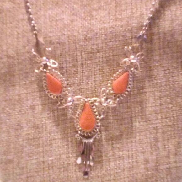 Vintage Ethnic Peruvian Silver and Jasper Statement Necklace - Picture 1 of 5